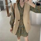 Long-sleeve Floral Mini A-line Dress / Dress Vest
