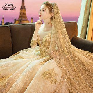 Embroidered Long-sleeve Ball Gown