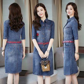 Rose Embroidered Elbow-sleeve Denim Shirt Dress