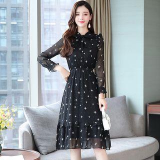 Long-sleeve Patterned Ribbon Chiffon A-line Dress