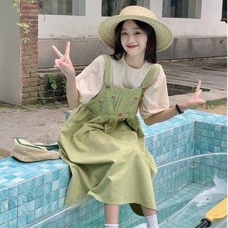 Floral Embroidered Midi Overall Dress / Short-sleeve Blouse