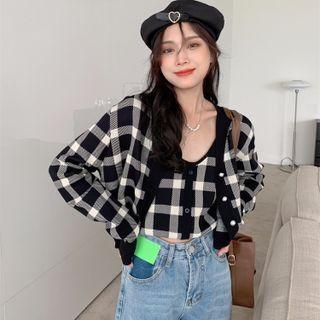 Color Block Plaid Cardigan / Knit Cropped Tank Top