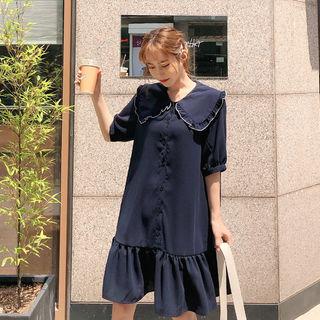 Wide-collar Ruffle-hem Shirtdress Navy Blue - One Size