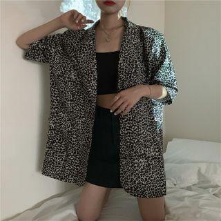 Elbow-sleeve Leopard Print Open-collar Chiffon Shirt Leopard - One Size