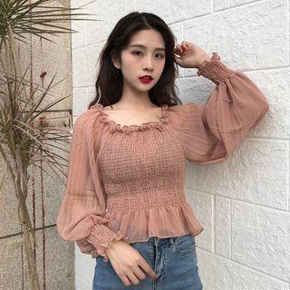 Balloon-sleeve Off-shoulder Smocked Chiffon Top