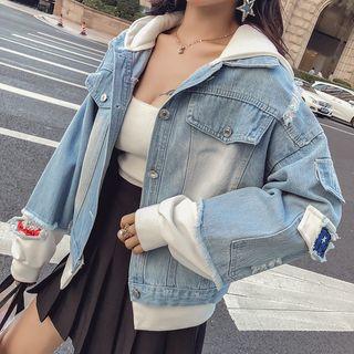 Ripped Patched Hooded Denim Jacket