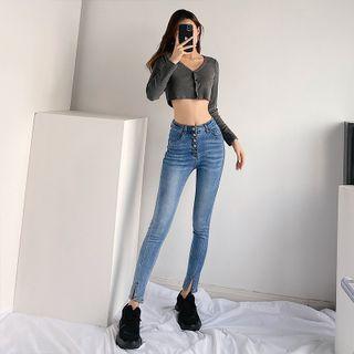 Slit-hem High-waist Skinny Jeans