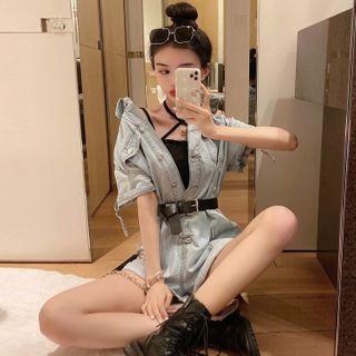 Button-down Denim Playsuit With Belt Light Blue - One Size