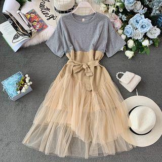 Color-block Mesh Panel Short-sleeve Dress