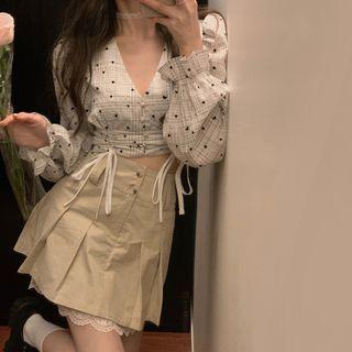 Heart Print Drawstring Blouse / Mini Skirt
