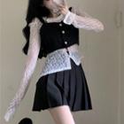 Lace Blouse / Cropped Camisole Top / Pleated A-line Skirt