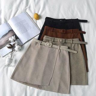 Plain Asymmetric High-waist Skirt With Belt