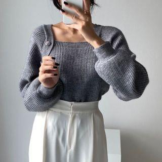 Lantern-sleeve Plain Knit Top