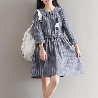 Pinstriped Long-sleeve Collared Dress