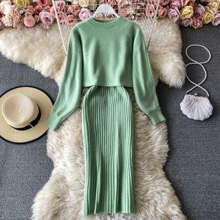 Set: Plain Round Neck Sweater + Ribbed Slipdress