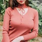 Lace-up Choker-neck Ribbed Top