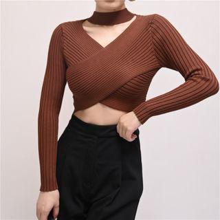 Mock-neck Plain Ribbed Cropped Knit Top