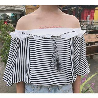 Stripe Off-shoulder Elbow-sleeve Top