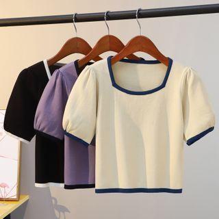 Contrast Trim Puff-sleeve Top