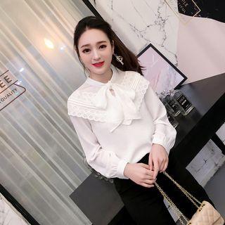 Long-sleeve Ribbon-neck Chiffon Top