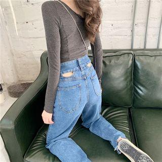 One Shoulder Long-sleeve Slim-fit Top / High-waist Jeans