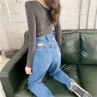 One Shoulder Long-sleeve Slim-fit Top / High-waist Jeans