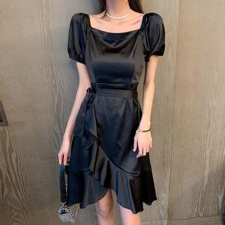 Puff-sleeve Asymmetric Ruffle Hem A-line Dress