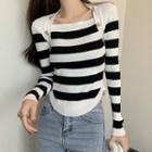 Square-neck Button-up Long-sleeve Knit Top
