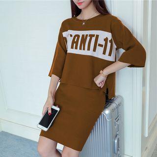 Set: Letter Elbow-sleeve Knit Sweater + Mini Skirt