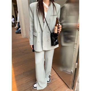 Plain Double-breasted Blazer / Side-slit Wide-leg Pants