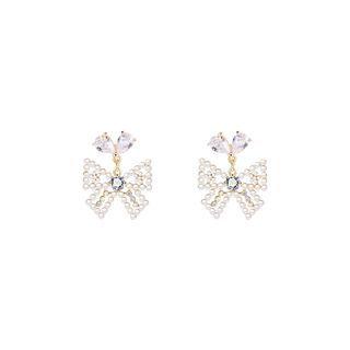 Bow Faux Pearl Rhinestone Dangle Earring 1 Pair - Silver Earring - One Size