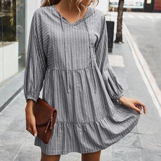 Puff-sleeve Pinstriped Hooded A-line Dress