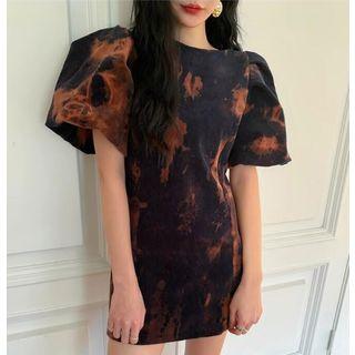 Balloon-sleeve Tie-dyed Mini A-line Dress
