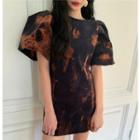 Balloon-sleeve Tie-dyed Mini A-line Dress