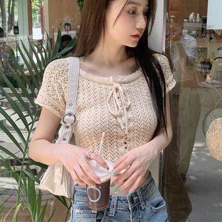 Short-sleeve Lace-up Knit Crop Top Almond - One Size