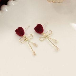 Heart Flannel Bow Rhinestone Alloy Dangle Earring 1 Pair - Red Heart - Gold - One Size