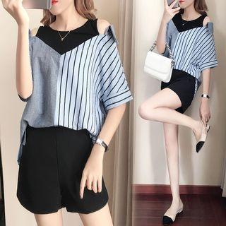 Mock Two-piece Elbow-sleeve Striped Top