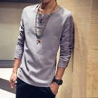 Notched Neck Buttoned Long-sleeve T-shirt