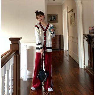 V-neck Cable Knit Cardigan / Striped Side Velvet Wide Leg Pants