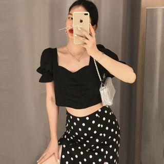 Dotted Side-slit Midi Pencil Skirt / Puff-sleeve Square-neck Blouse