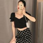 Dotted Side-slit Midi Pencil Skirt / Puff-sleeve Square-neck Blouse