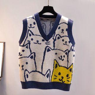 Cat Print Sweater Vest