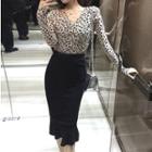 Long-sleeve Leopard Print Top / Midi Mermaid Skirt