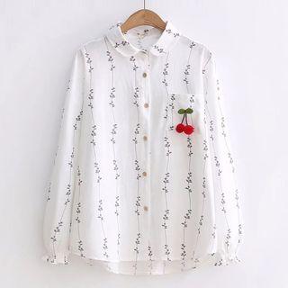 Floral Print Shirt With Cherry Brooch