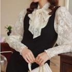 Set: Tie-neck Lace Blouse + Sheath Overall Dress