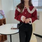 Collared Panel Ruffle Lace Bell-sleeve Cardigan Red - One Size