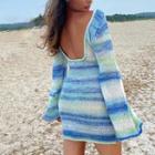 Color-block Long-sleeve Knit Mini Sheath Dress