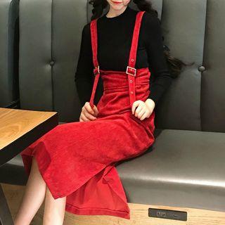Mock-neck Long-sleeve Knit Top / Side Slit Midi Suspender Skirt