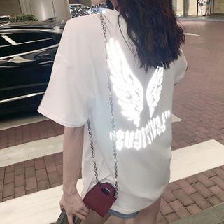 Reflective Wing Print Elbow-sleeve T-shirt