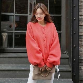 Crew-neck Balloon-sleeve Fleece Cardigan